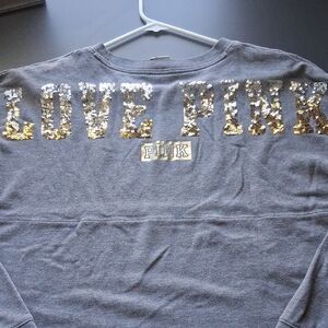 Victorias Secret PINK Gray Bling Sweatshirt Gold Sequins